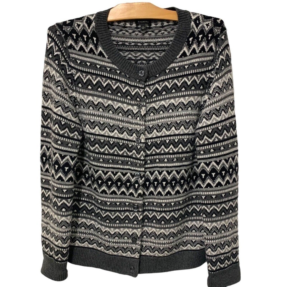 Talbots | Sweater Cardigan Gray Long Sleeve Lambswool Blend Fair Aisle- Large